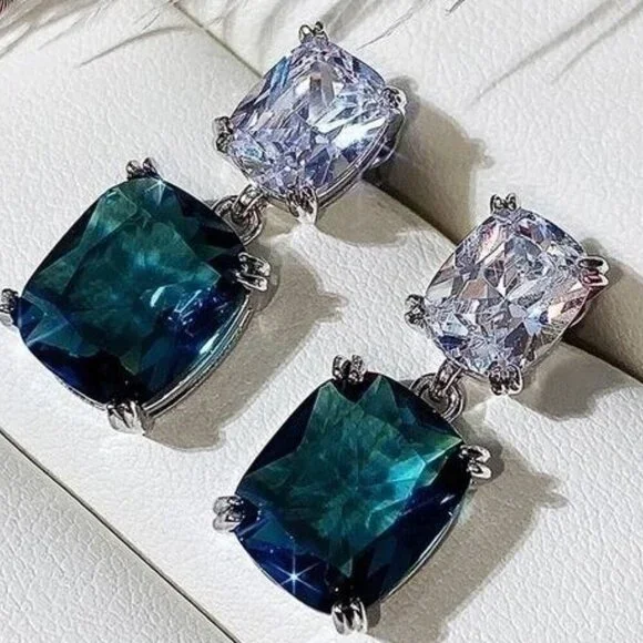 Peacock Blue Crystal Zircon Square Earrings – Glam Geometric Elegance - Picture 3 of 8